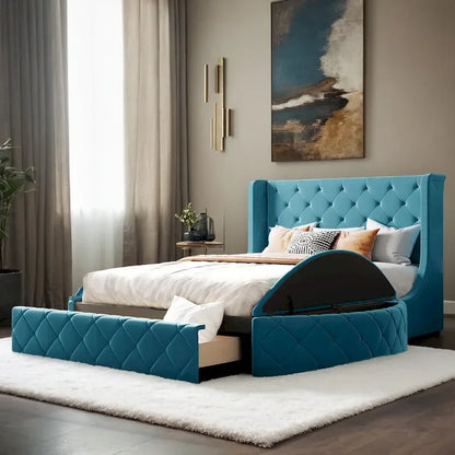 Upholstered Platform Bed Queen Size Storage Velvet Bed with Wingback Headboard and 1 Big Drawer,2 Side Storage Stool