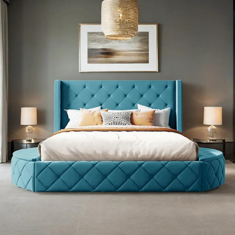 Upholstered Platform Bed Queen Size Storage Velvet Bed with Wingback Headboard and 1 Big Drawer,2 Side Storage Stool