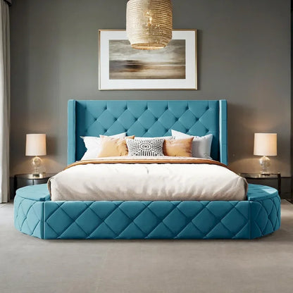 Upholstered Platform Bed Queen Size Storage Velvet Bed with Wingback Headboard and 1 Big Drawer,2 Side Storage Stool