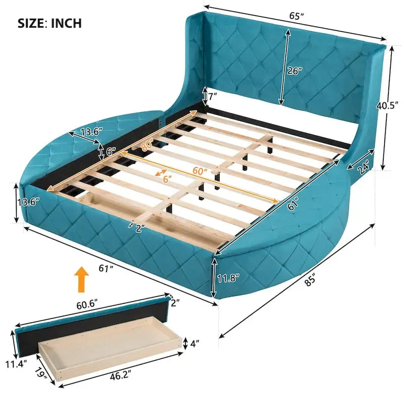 Upholstered Platform Bed Queen Size Storage Velvet Bed with Wingback Headboard and 1 Big Drawer,2 Side Storage Stool