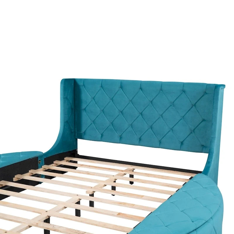 Upholstered Platform Bed Queen Size Storage Velvet Bed with Wingback Headboard and 1 Big Drawer,2 Side Storage Stool