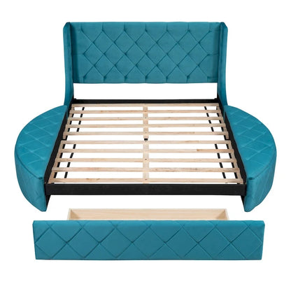 Upholstered Platform Bed Queen Size Storage Velvet Bed with Wingback Headboard and 1 Big Drawer,2 Side Storage Stool