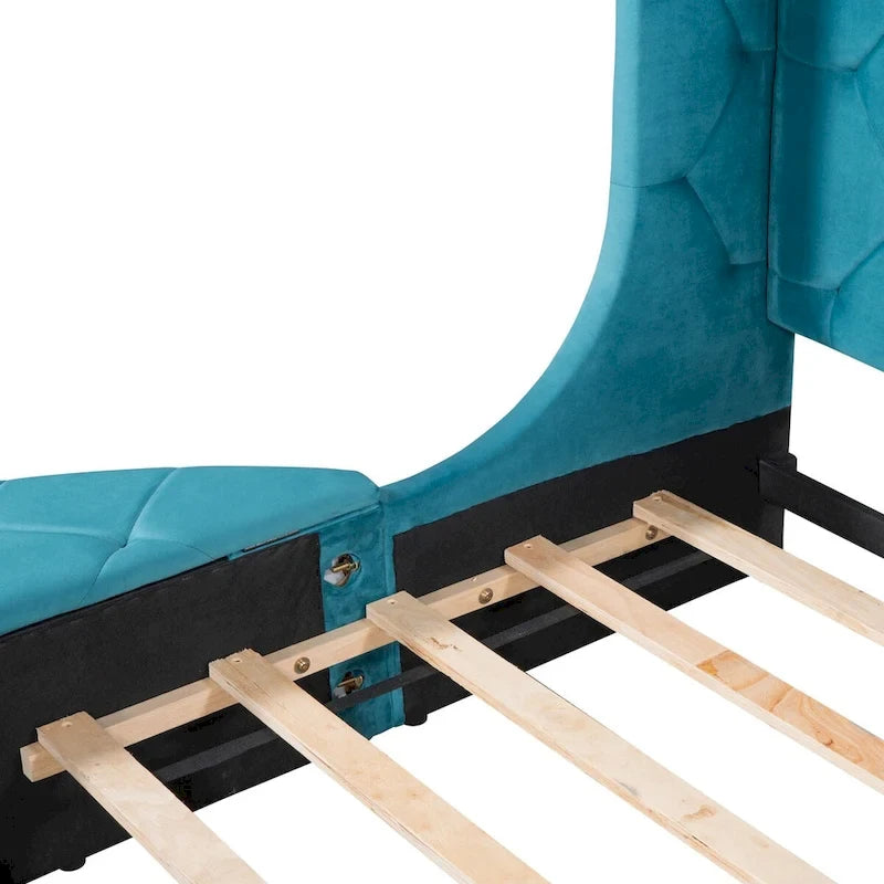 Upholstered Platform Bed Queen Size Storage Velvet Bed with Wingback Headboard and 1 Big Drawer,2 Side Storage Stool