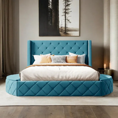 Upholstered Platform Bed Queen Size Storage Velvet Bed with Wingback Headboard and 1 Big Drawer,2 Side Storage Stool
