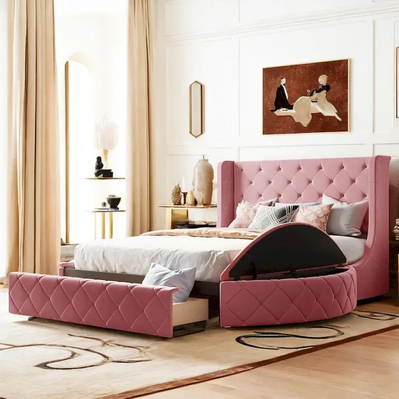 Upholstered Platform Bed Queen Size Storage Velvet Bed with Wingback Headboard and 1 Big Drawer,2 Side Storage Stool