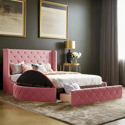 Upholstered Platform Bed Queen Size Storage Velvet Bed with Wingback Headboard and 1 Big Drawer,2 Side Storage Stool