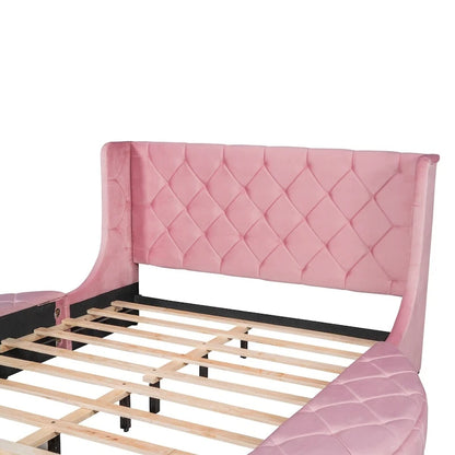 Upholstered Platform Bed Queen Size Storage Velvet Bed with Wingback Headboard and 1 Big Drawer,2 Side Storage Stool