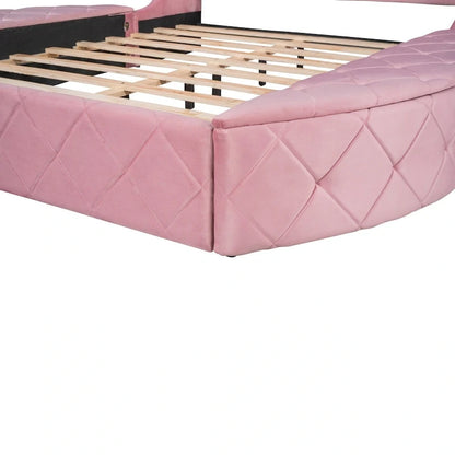 Upholstered Platform Bed Queen Size Storage Velvet Bed with Wingback Headboard and 1 Big Drawer,2 Side Storage Stool