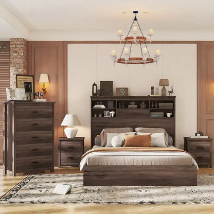 4-Pieces Bedroom Sets Queen Size Wooden Bed with 2 Nightstands and 1 Dresser
