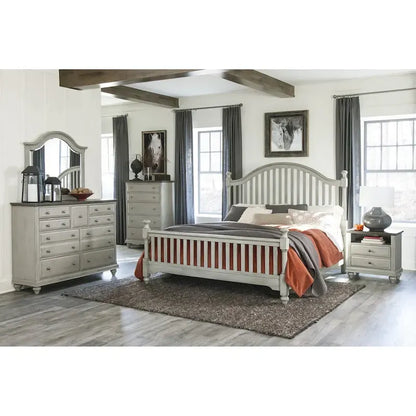 Light Gray Bedroom 6pc Set Bed Nightstands Dresser Mirror Chest