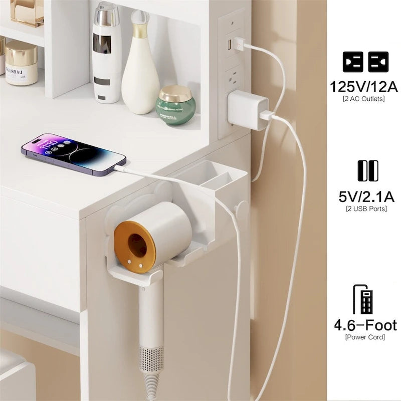 LED Mirror Vanity Table w/ Cushioned Stool & 2 AC+2 USB Power Station