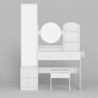 LED Mirror Vanity Table w/ Cushioned Stool & 2 AC+2 USB Power Station