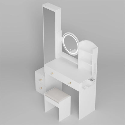 LED Mirror Vanity Table w/ Cushioned Stool & 2 AC+2 USB Power Station