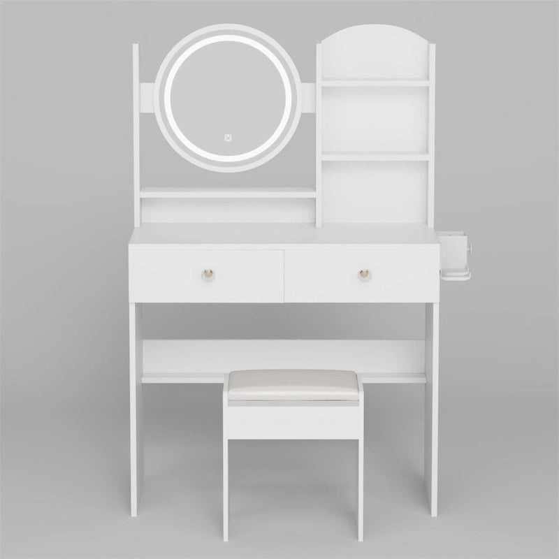 LED Mirror Vanity Table w/ Cushioned Stool & 2 AC+2 USB Power Station