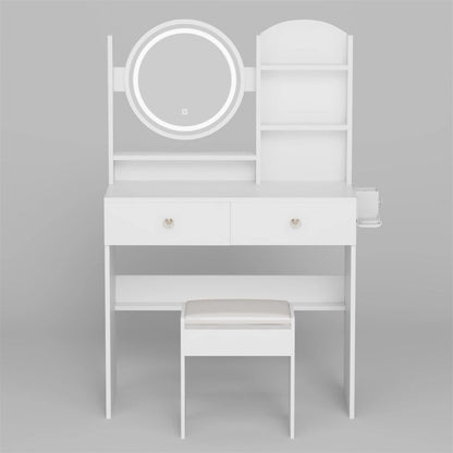 LED Mirror Vanity Table w/ Cushioned Stool & 2 AC+2 USB Power Station