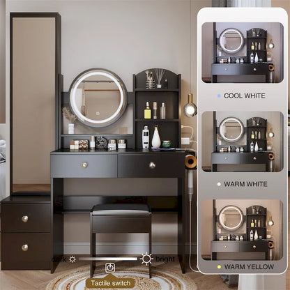 LED Mirror Vanity Table w/ Cushioned Stool & 2 AC+2 USB Power Station