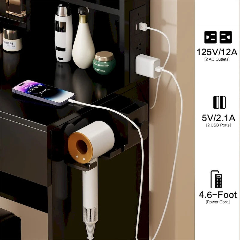 LED Mirror Vanity Table w/ Cushioned Stool & 2 AC+2 USB Power Station