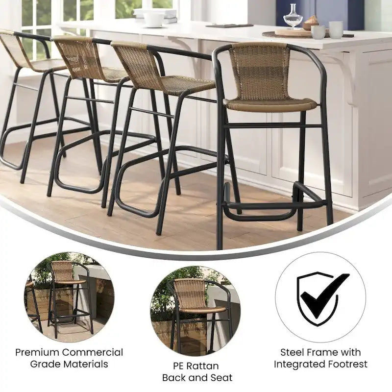 Commercial Indoor-Outdoor Rattan Restaurant Barstool with Aluminum Frame-Set of 4