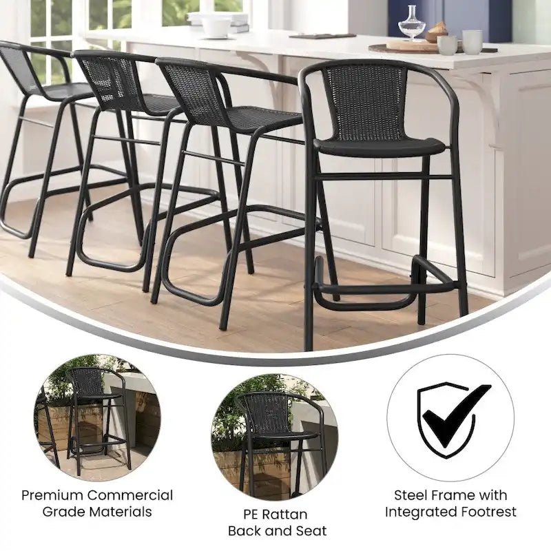 Commercial Indoor-Outdoor Rattan Restaurant Barstool with Aluminum Frame-Set of 4