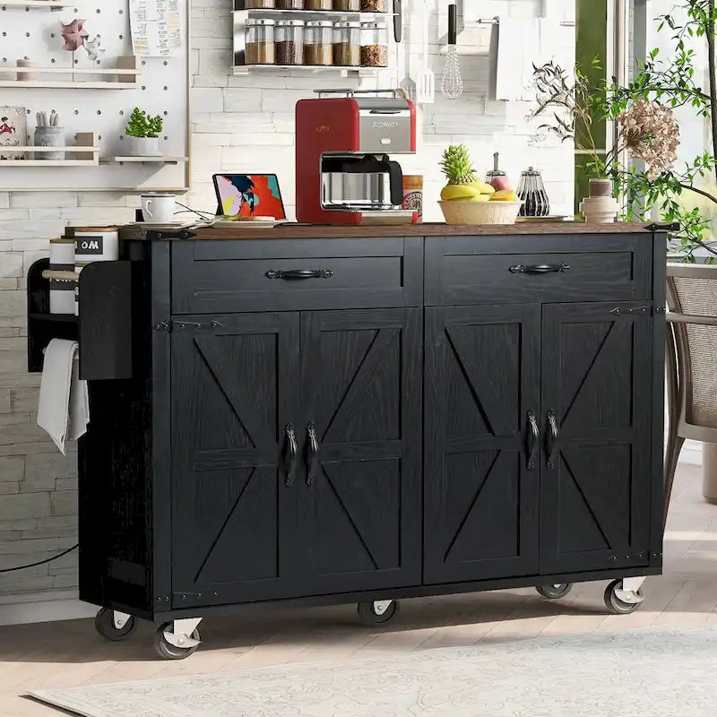53.5 Farmhouse Kitchen Island with Power Outlet, Drop Leaf & Mobile Storage