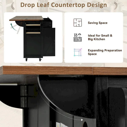 53.5 Farmhouse Kitchen Island with Power Outlet, Drop Leaf & Mobile Storage