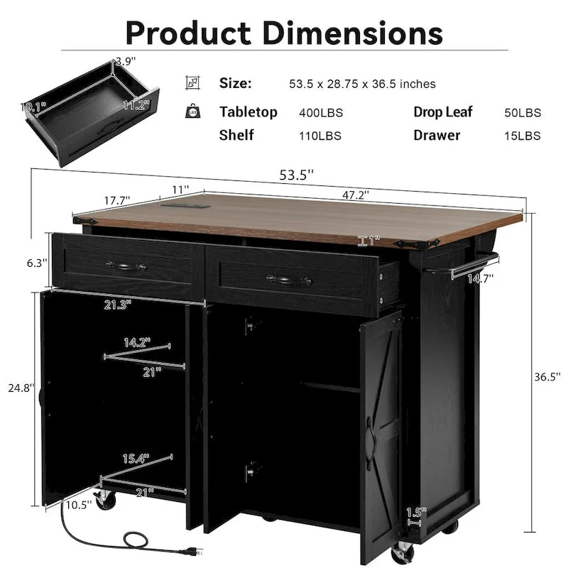 53.5 Farmhouse Kitchen Island with Power Outlet, Drop Leaf & Mobile Storage