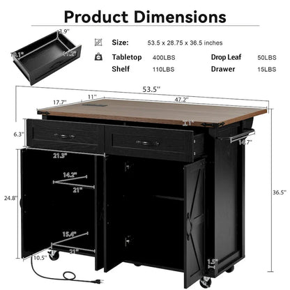 53.5 Farmhouse Kitchen Island with Power Outlet, Drop Leaf & Mobile Storage