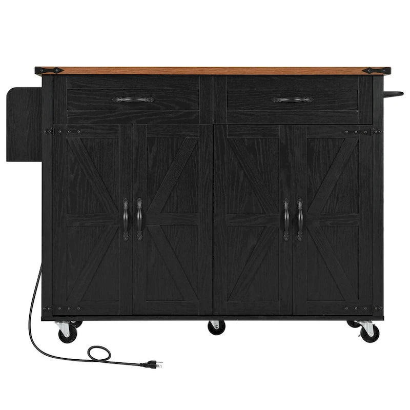 53.5 Farmhouse Kitchen Island with Power Outlet, Drop Leaf & Mobile Storage