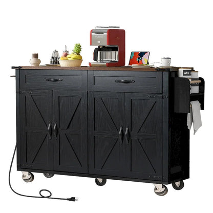 53.5 Farmhouse Kitchen Island with Power Outlet, Drop Leaf & Mobile Storage