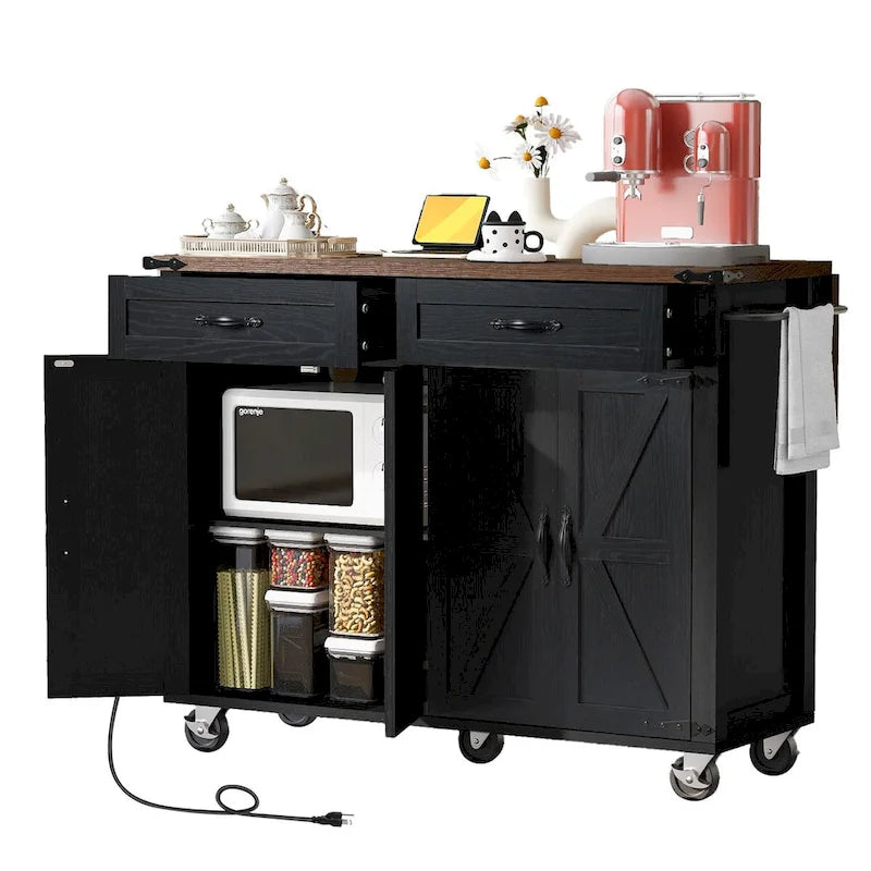 53.5 Farmhouse Kitchen Island with Power Outlet, Drop Leaf & Mobile Storage