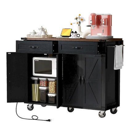 53.5 Farmhouse Kitchen Island with Power Outlet, Drop Leaf & Mobile Storage