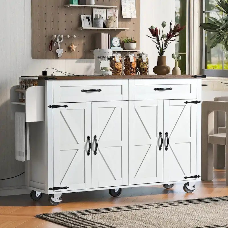 53.5 Farmhouse Kitchen Island with Power Outlet, Drop Leaf & Mobile Storage