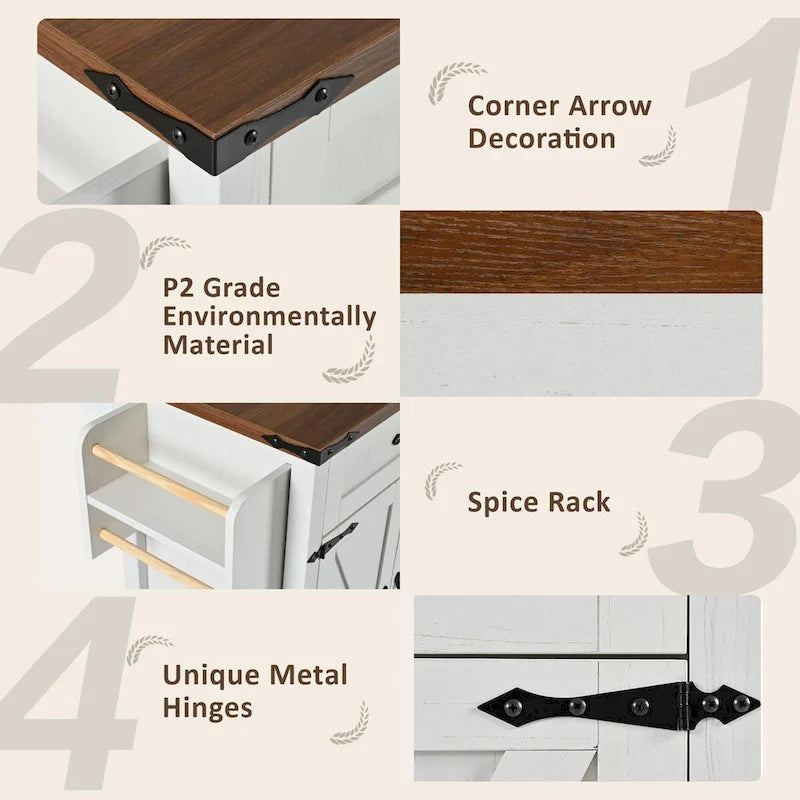 53.5 Farmhouse Kitchen Island with Power Outlet, Drop Leaf & Mobile Storage