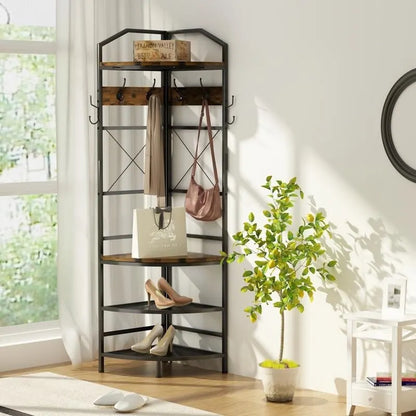 Entryway Corner Hall Tree with Shoe Rack, Coat Rack with 6 Double Hooks, Home Organizer for Entryway, Hallway, Closet, Bedroom