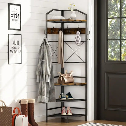 Entryway Corner Hall Tree with Shoe Rack, Coat Rack with 6 Double Hooks, Home Organizer for Entryway, Hallway, Closet, Bedroom