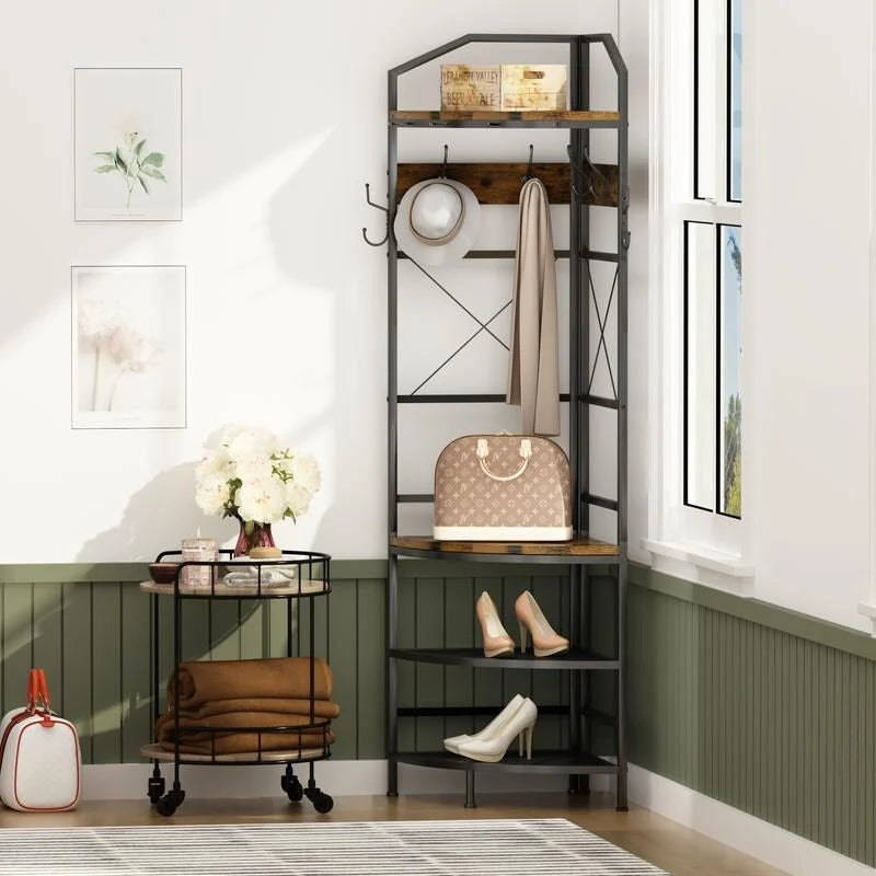 Entryway Corner Hall Tree with Shoe Rack, Coat Rack with 6 Double Hooks, Home Organizer for Entryway, Hallway, Closet, Bedroom