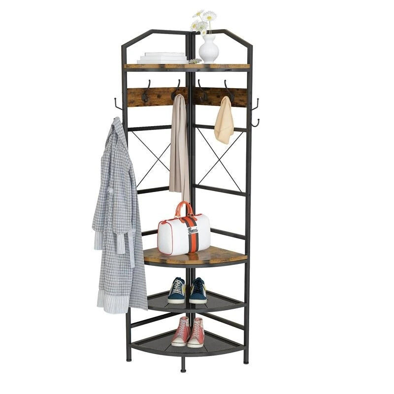 Entryway Corner Hall Tree with Shoe Rack, Coat Rack with 6 Double Hooks, Home Organizer for Entryway, Hallway, Closet, Bedroom