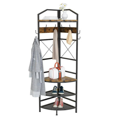 Entryway Corner Hall Tree with Shoe Rack, Coat Rack with 6 Double Hooks, Home Organizer for Entryway, Hallway, Closet, Bedroom