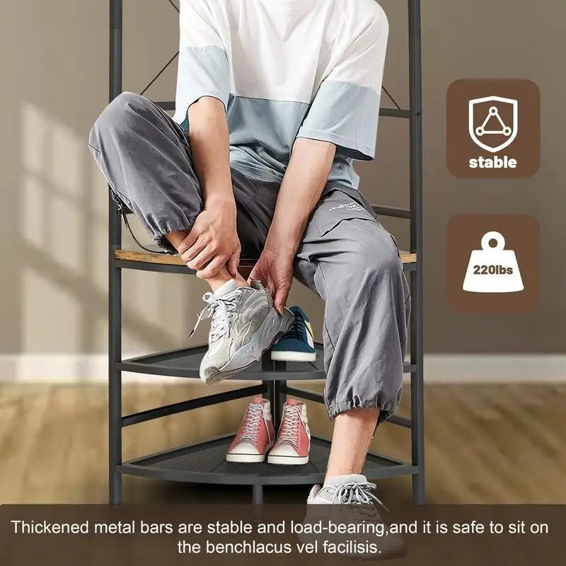 Entryway Corner Hall Tree with Shoe Rack, Coat Rack with 6 Double Hooks, Home Organizer for Entryway, Hallway, Closet, Bedroom