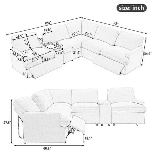 104 Power Recliner Corner Sofa Home Theater Reclining Sofa Sectional Couches with Storage Box, Cup Holders, USB Ports