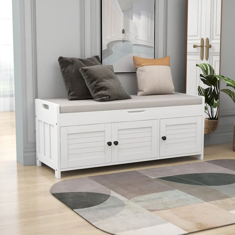 Storage Shoes Bench with 3 Shutter-shaped Doors and Removable Cushion