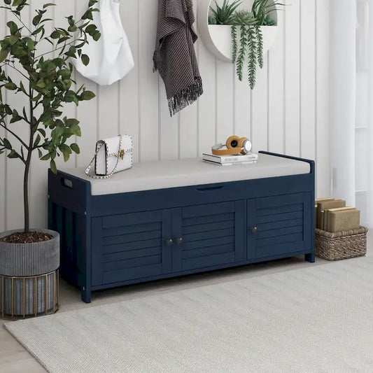 Storage Shoes Bench with 3 Shutter-shaped Doors and Removable Cushion