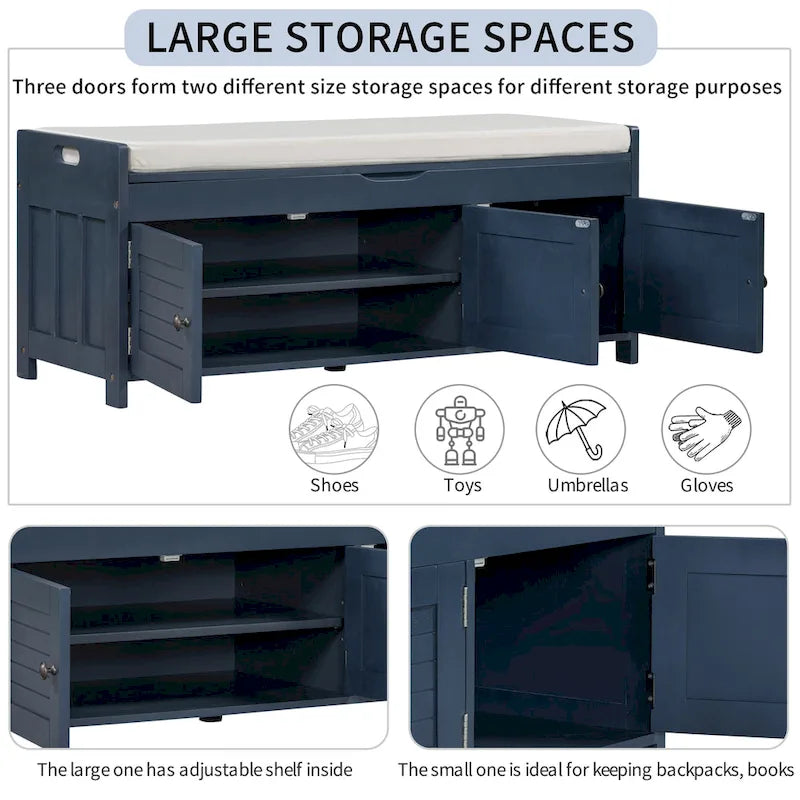 Storage Shoes Bench with 3 Shutter-shaped Doors and Removable Cushion