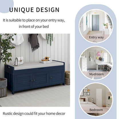 Storage Shoes Bench with 3 Shutter-shaped Doors and Removable Cushion