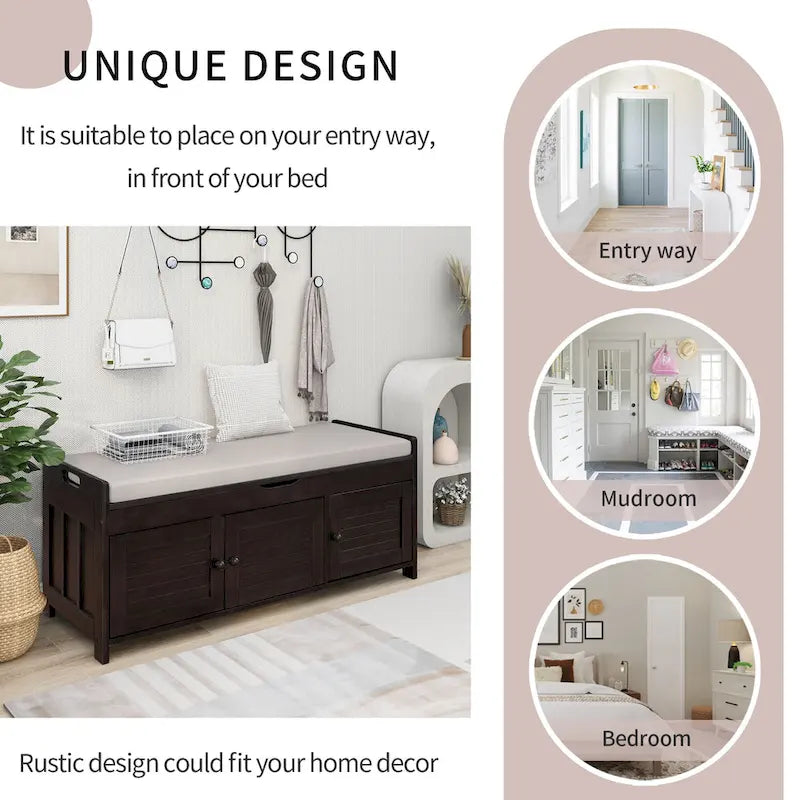 Storage Shoes Bench with 3 Shutter-shaped Doors and Removable Cushion