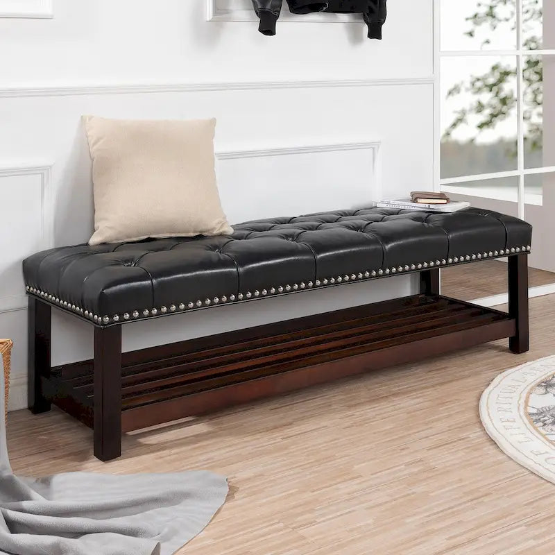 Wooden Base Upholstered Bench for Bedroom for Entryway,60 with Nailhead Trim and Shelf