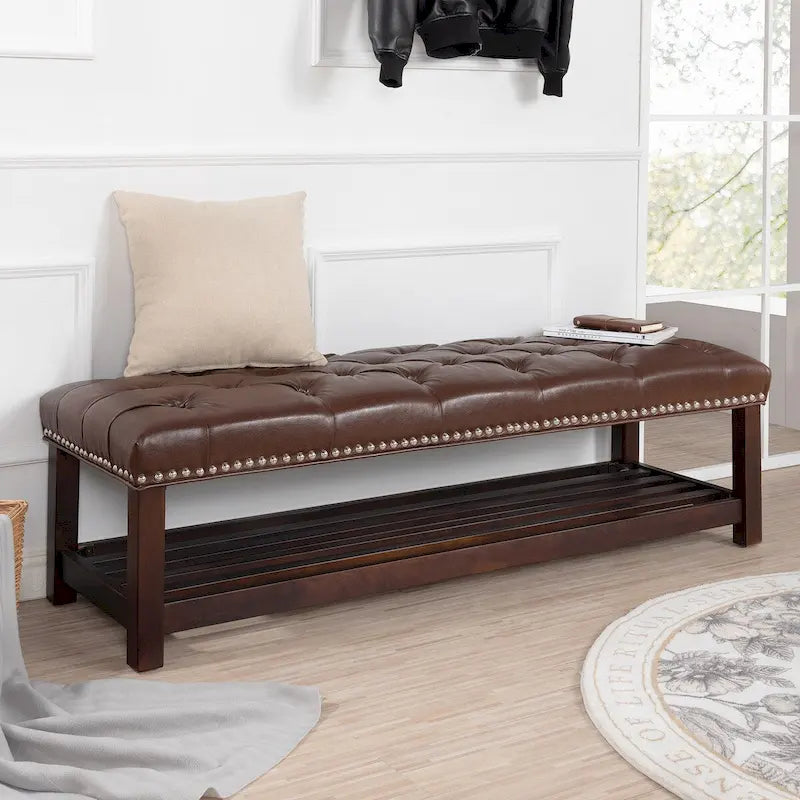 Wooden Base Upholstered Bench for Bedroom for Entryway,60 with Nailhead Trim and Shelf