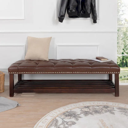 Wooden Base Upholstered Bench for Bedroom for Entryway,60 with Nailhead Trim and Shelf
