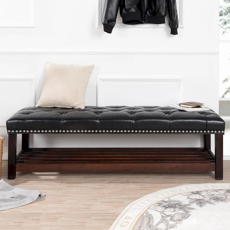 Wooden Base Upholstered Bench for Bedroom for Entryway,60 with Nailhead Trim and Shelf