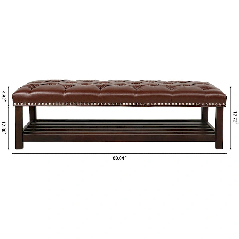 Wooden Base Upholstered Bench for Bedroom for Entryway,60 with Nailhead Trim and Shelf